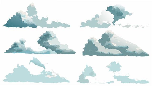A collection of eight stylized cloud formations rendered as a vector illustration with a white background clouds cloudscape cumulus stratus cirrus