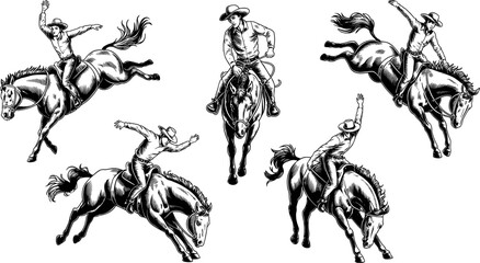 Fototapeta premium Vintage hand-drawn style black and white engraving illustration of cowboys performing rodeo bull riding stunts on horses from image_039cfb.jpg.