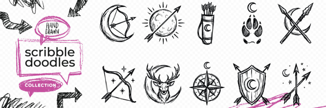 Black solid silhouette doodle vector set of esoteric objects palmistry wings runes and witchcraft magic tools