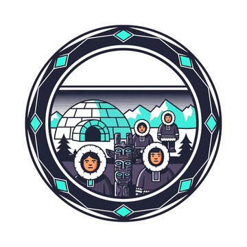 Inuit Family and Igloo Illustration with Arctic Landscape Background.
