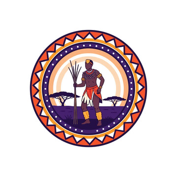 Traditional African Warrior with Spear and Sunset Background.