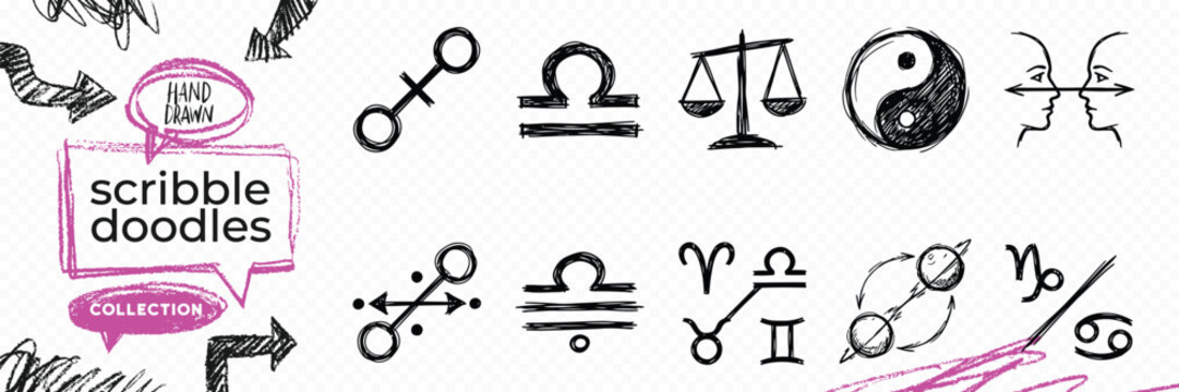 Black solid silhouette doodle vector set of alchemy symbols magic potions esoteric and occult elements
