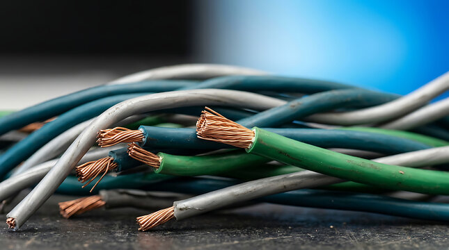 A tangled pile of electrical wires with exposed copper strands on ends