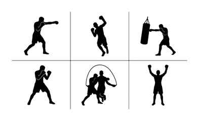 Fototapeta premium Boxing Silhouettes, 6 Action Poses Vector Set: Punching, Training, Jump Rope, Victory Celebration, Punching Bag, Sport Fitness Icons
