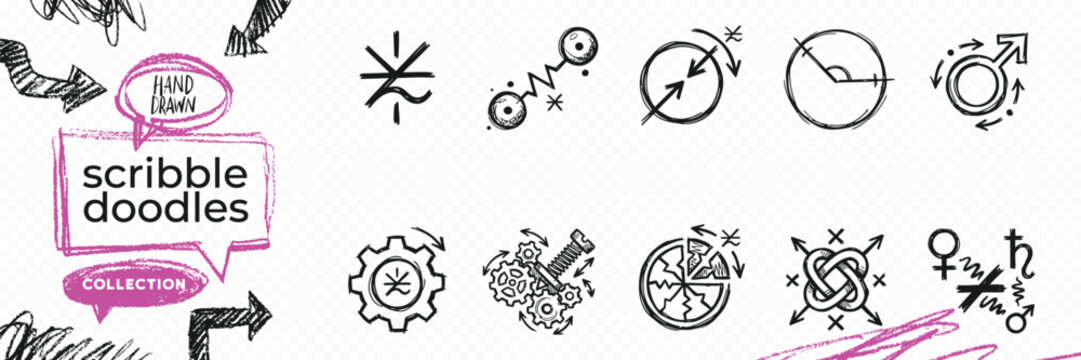 Black solid silhouette doodle vector set of alchemy symbols magic potions esoteric and occult elements