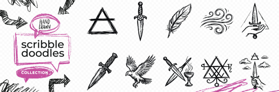 Black solid silhouette doodle vector set of esoteric objects palmistry wings runes and witchcraft magic tools