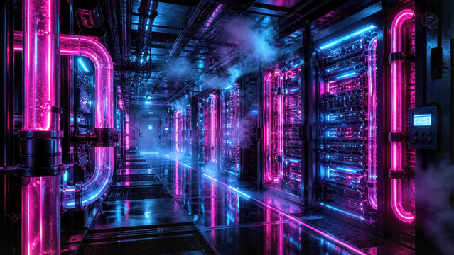 Cyberpunk aesthetic server room interior with intense pink and blue neon liquid cooling lines and industrial steam