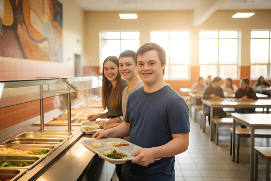 Happy students with down syndrome choosing school lunch