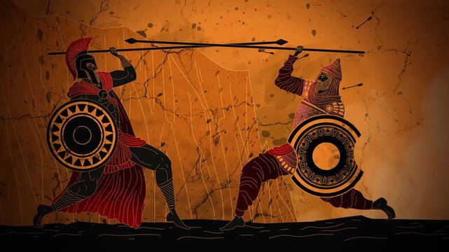 spartan warrior fighting a persian warrior in orange greek vase style