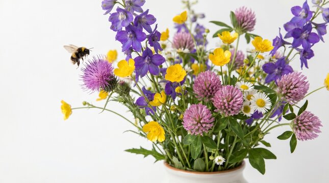 Vibrant Wildflower Bouquet with Bumblebee in Flight, Summer Meadow Blooms, Soft Natural Light