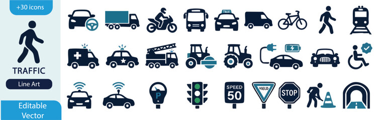 Traffic and transportation icon set, editable vector vehicle icons, road signs and urban mobility symbols © Imran