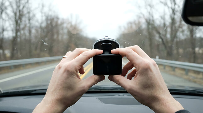 Hands holding a small black dash cam in a car on the road