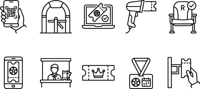 Black and white line icons for movie ticket reservation and cinema