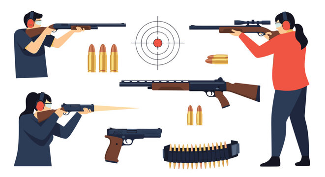 Professional target shooters practicing with a variety of firearms including rifles, shotguns, and pistols at an indoor range.