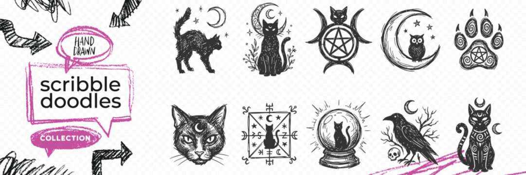 Black solid silhouette doodle vector set of esoteric objects palmistry wings runes and witchcraft magic tools
