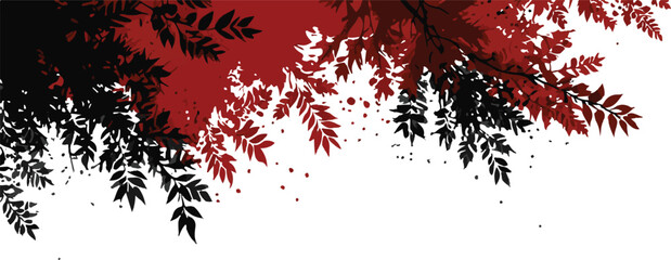 Decorative frame with dark red and black autumn leaves hanging down on white background. © Hridoy