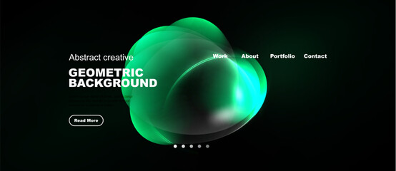 Naklejka premium Dark background features vibrant green abstract shapes. Website navigation present, minimal design, modern aesthetic.