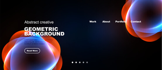 Obraz premium Dark background features vibrant geometric shapes, text, navigation menu. Modern design promotes creativity, portfolio access.