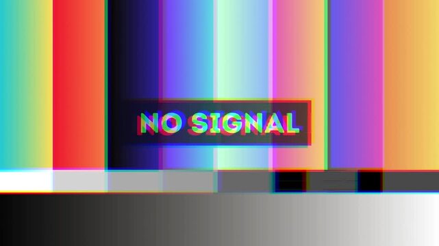 Retro television test pattern with 'NO SIGNAL' message, showing static and broadcast interference on a vintage screen