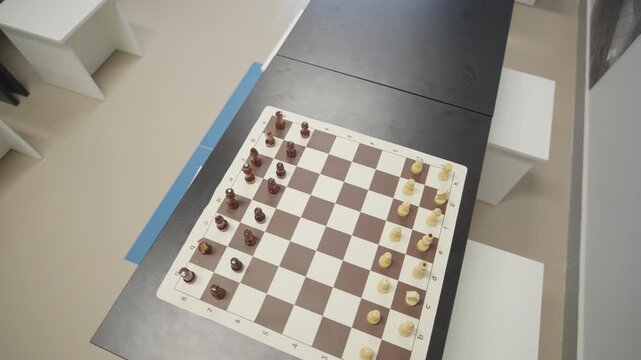 Chess pieces stand on board placed on long table. High angle view creates geometric vibe. Intellectual atmosphere inspires deep focus