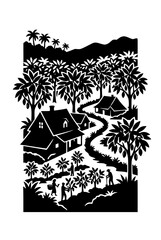 Obraz premium Tropical plantation scene with workers harvesting cocoa pods in woodcut art