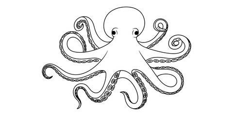 Cute octopus cartoon drawing with eight long tentacles for kids coloring book page Vector, illustration © Vector Line Drawing