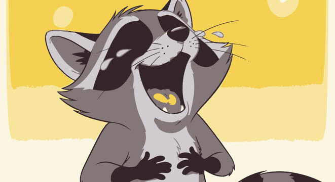 Funny cartoon raccoon laughing hysterically with open mouth