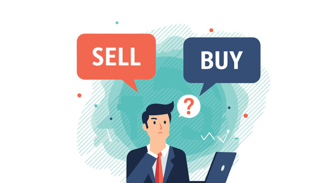 Confused businessman sitting at a laptop trying to decide between buying and selling options in the financial market.