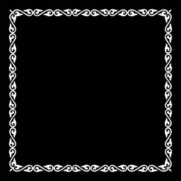 Black and white square border Islamic frame deco stenciled. Kazakh pattern frame, border, decorative ornament of Kazakh, Turk, Kyrgyz, Mongol, Tatar, Uzbek, Tajik for plates, textiles, print design