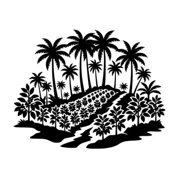 Tropical Coffee Plantation Silhouette with Palm Trees and Fields