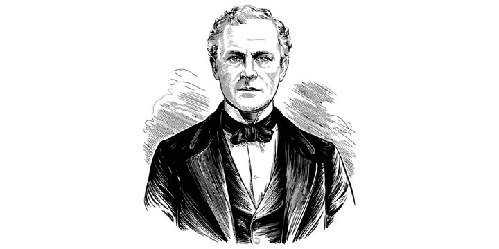Vintage engraving of a serious man in a formal suit and bow tie looking at the camera Vector, illustration