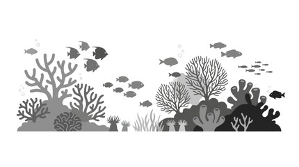 A detailed monochrome illustration of a vibrant coral reef ecosystem with various fish species. © Avis_Sunani