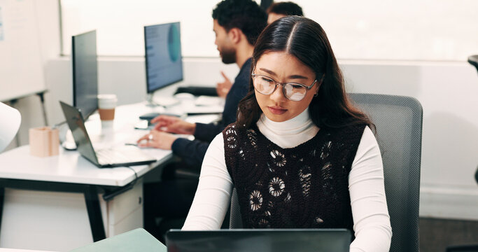 Reading, research or woman with laptop in office, claim investigation or renewal reminder for client. Review, evaluation or broker with pc for policy quote email, submit insurance case or coworking
