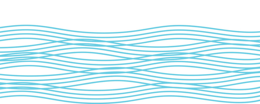 Abstract blue line sea wave borders with outline flowing ocean water curves or isolated wavy lines vector design
