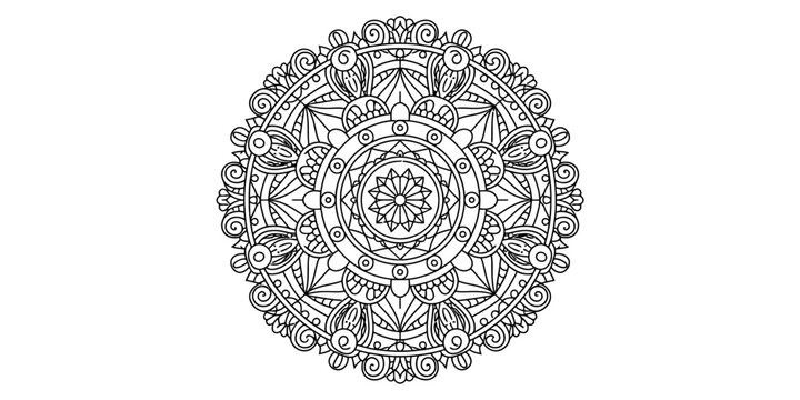 Black and white circular mandala pattern with intricate floral geometric line art design for meditation and coloring book pages or spiritual artistic decoration Vector, illustration