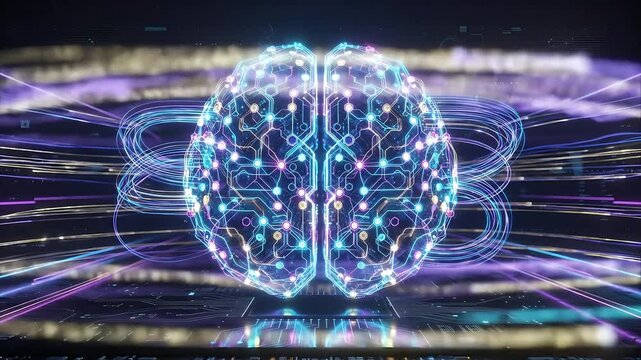 Futuristic digital brain concept with glowing neural network and energy rings