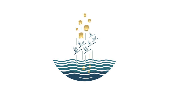 Minimalist illustration of birds flying above stylized ocean waves with floating lanterns.