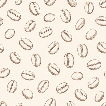 Seamless hand drawn coffee bean pattern on beige background perfect for cafe branding packaging wallpaper and lifestyle design