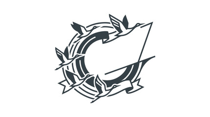 Circular logo design featuring a flock of flying geese and a ribbon element. © ida