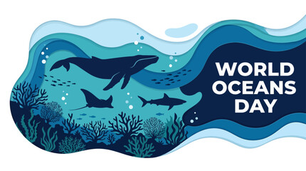 A stylized paper cut illustration featuring a whale, a manta ray, and a shark swimming through layered ocean depths. © Avis_Sunani