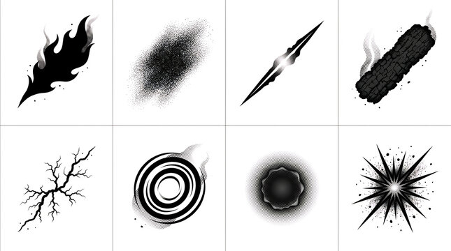 Set of Eight Black Scorch and Burn Mark Graphics &ndash; Flame Edge, Soot Smudge, Laser Cut, and Charred Hole in Grid