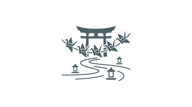 Minimalist illustration featuring a Japanese torii gate with flying paper cranes and stone lanterns.