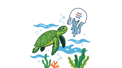 A green sea turtle swimming towards a jellyfish in the ocean. © Avis_Sunani