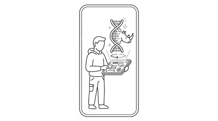 A line drawing of a person interacting with a holographic DNA and rhino model on a tablet. © Avis_Sunani