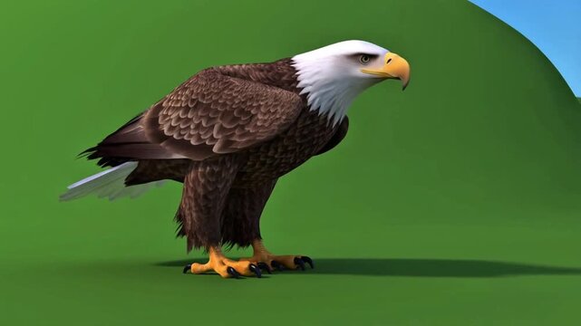 A realistic 3D bald eagle flies into frame and gracefully lands on an invisible surface, spreading its wings before folding them naturally. 