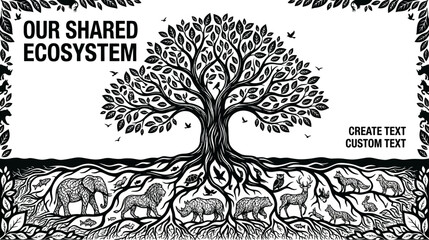 A detailed black and white illustration of a large tree with roots containing various wild animals. © Avis_Sunani