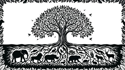 A detailed black and white illustration of a large tree with diverse animals integrated into its roots. © Avis_Sunani