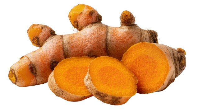 Fresh turmeric rhizome root with sliced pieces showing vibrant orange interior
