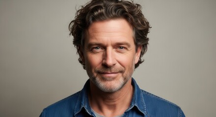Fototapeta premium Portrait of a Confident Middle-Aged Man with Wavy Hair and Beard Wearing a Denim Shirt on a Neutral Background