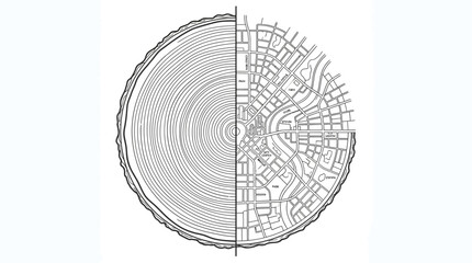 A creative conceptual illustration showing a tree ring cross section merging into a city street map layout. © Avis_Sunani